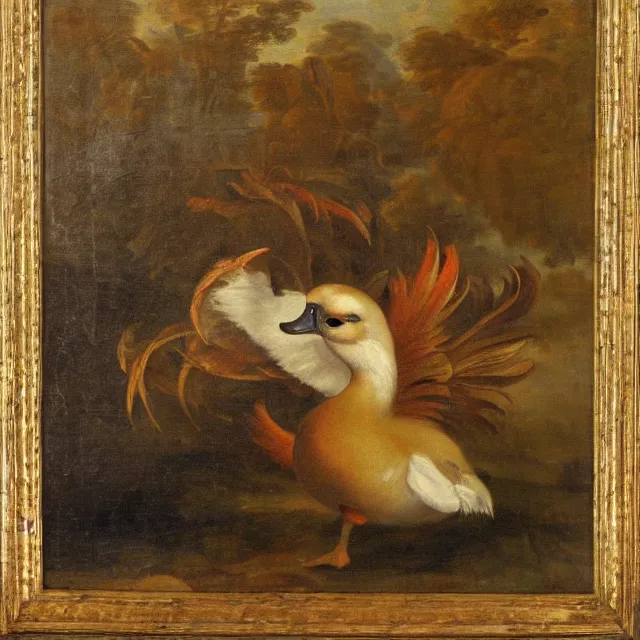 Image similar to baroque dutch painting from 1 6 7 0 of a duck holding a trangle