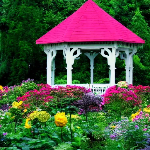 Image similar to a flower garden with a gazebo