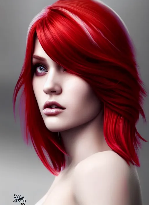 Image similar to photo of gorgeous woman with her right die hair dyed red and left side hair white in the style of stefan kostic, realistic, half body shot, sharp focus, 8 k high definition, insanely detailed, intricate, elegant, art by stanley lau and artgerm, foggy backgeound