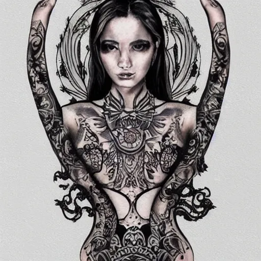 Image similar to ornate tattoo designs of the female figure, inspired by manuela soto and zhuo dan ting