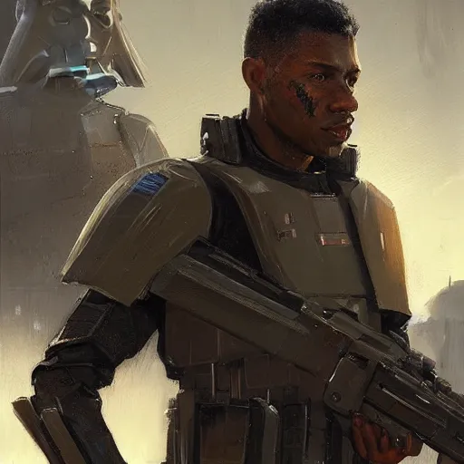 Prompt: portrait of a man by Greg Rutkowski, a black man in his 20s, short hair, military composure, friendly, wearing the tactical gear of the galactic alliance, Star Wars Expanded Universe, highly detailed portrait, digital painting, artstation, concept art, smooth, sharp foccus ilustration, Artstation HQ