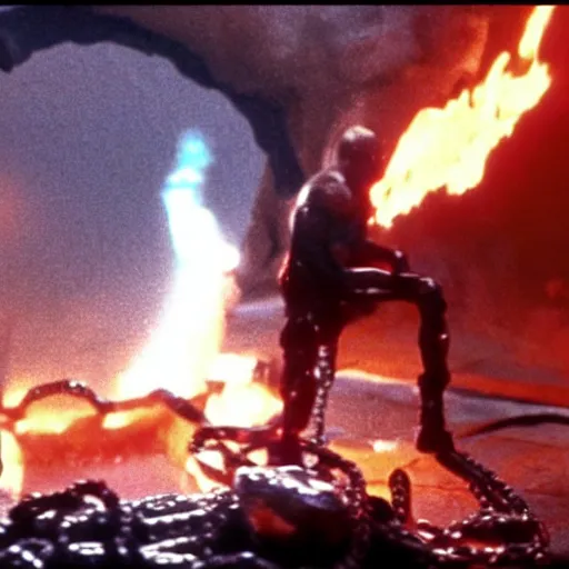 Image similar to film still of dwayne johnson descending into a molten metal pooll with chains and giving a thumbs - up in terminator 2 1 9 9 1, epic, volumetric lighting, hd, 8 k