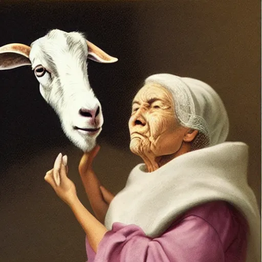 Image similar to a bizarre image of an old woman opening her throat and a goat walking into it