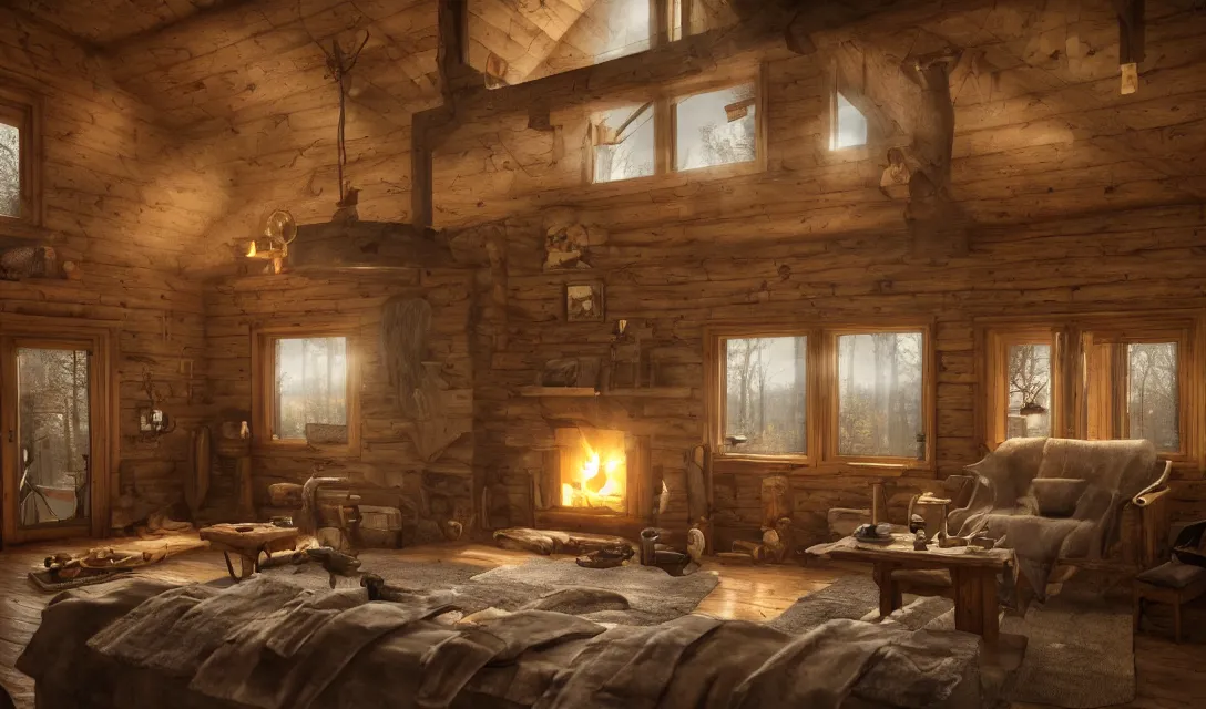 Image similar to cozy interior of a hunting cabin, fireplace, ascher clemens, home, interior, octane render, deviantart, greg rutkowski, cinematic, key art, hyperrealism, canon eos c 3 0 0, ƒ 1. 8, 3 5 mm, 8 k, medium - format print