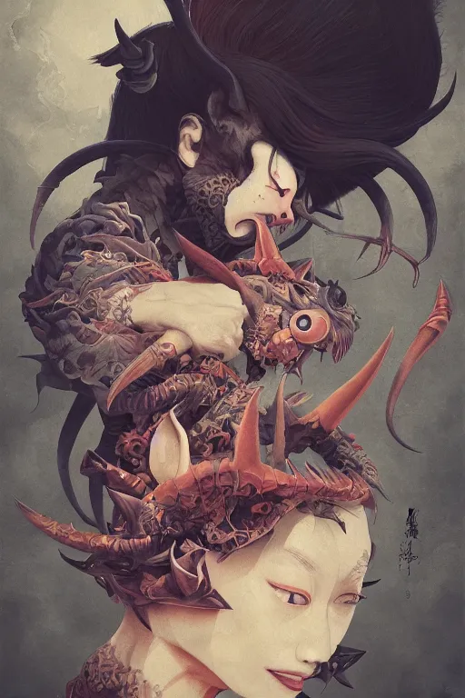 Image similar to a portrait of a japanese devil animal illustrated by miyazaki by karol bak, james jean, tom bagshaw, rococo, sharp focus, trending on artstation, cinematic lighting, hyper realism, octane render, 8 k, hyper detailed, vivid, ultra detailed, highly detailed