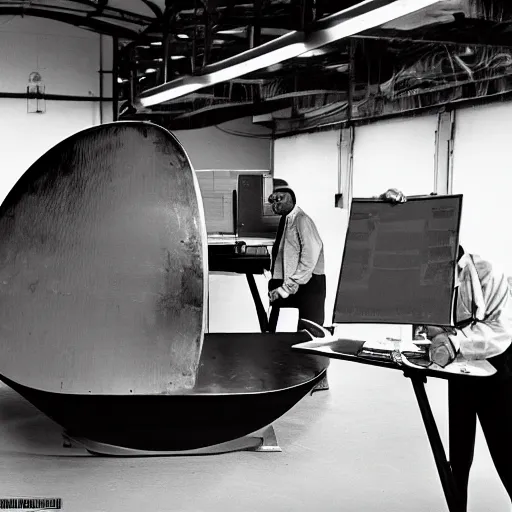 Prompt: scientists studying a simplistic oval shape spacecraft in a warehouse, 1 9 6 0's sci - fi, black and white, 8 k, highly ornate intricate details, extreme detail,