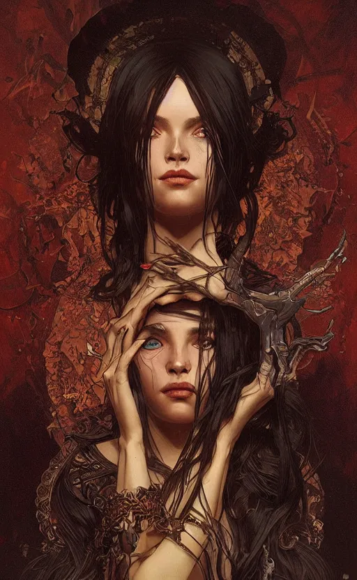 Prompt: portrait of a dark girl with death on mind , surreal, intricate, headshot, highly detailed, digital painting, artstation, concept art, cinematic lighting, illustration, art by artgerm and greg rutkowski, alphonse mucha, cgsociety, science fiction