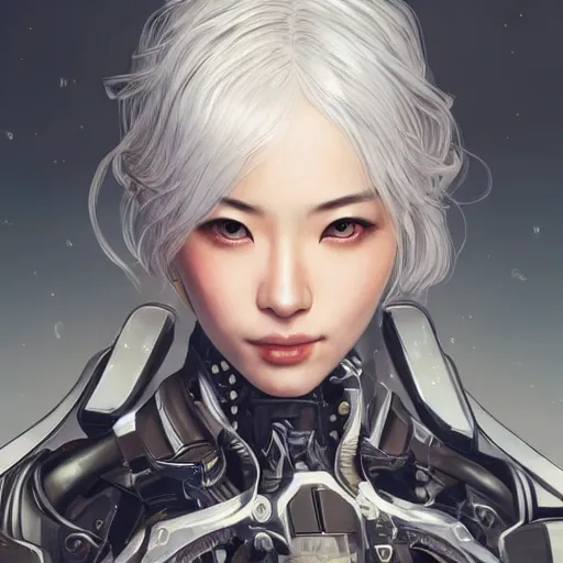 Image similar to ultra realistic illustration of cyborg song hye - kyo, warframe, intricate, nier automata, sunset, white hair, elegant, highly detailed, very intelligent, digital painting, highlights, artstation, concept art, smooth, sharp focus, illustration, art by artgerm and akihiko yoshida and alphonse mucha