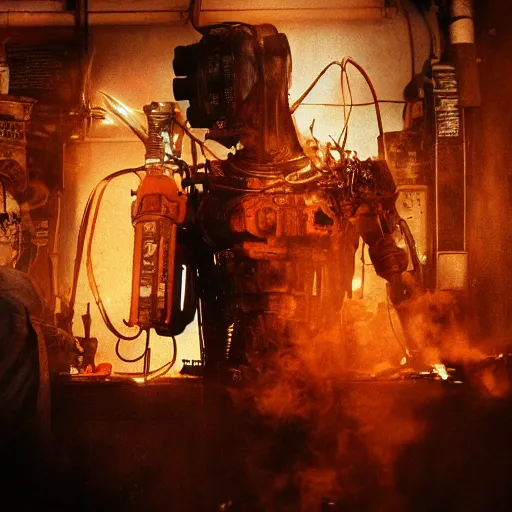 Prompt: weapon made from old egg beater, balding older cyborg repairing, red hot soldering iron, dark messy smoke - filled cluttered workshop, dark, dramatic lighting, orange tint, cinematic, highly detailed, sci - fi, futuristic, movie still from blade runner