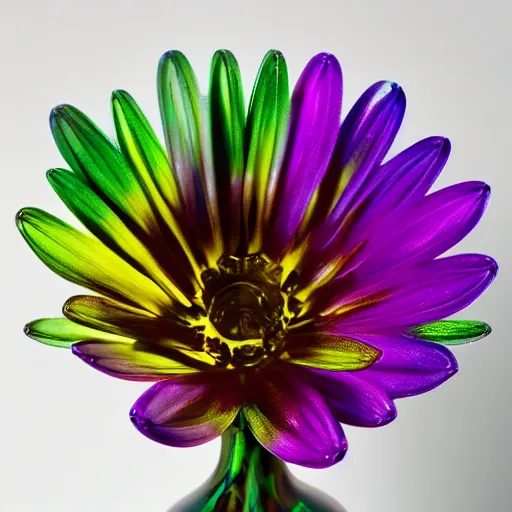 Prompt: An ultra high definition studio photograph of an alien flower that is ((((((wilting)))))) in a simple vase on a plinth. The flower is multicoloured iridescent. High contrast, key light, 70mm.