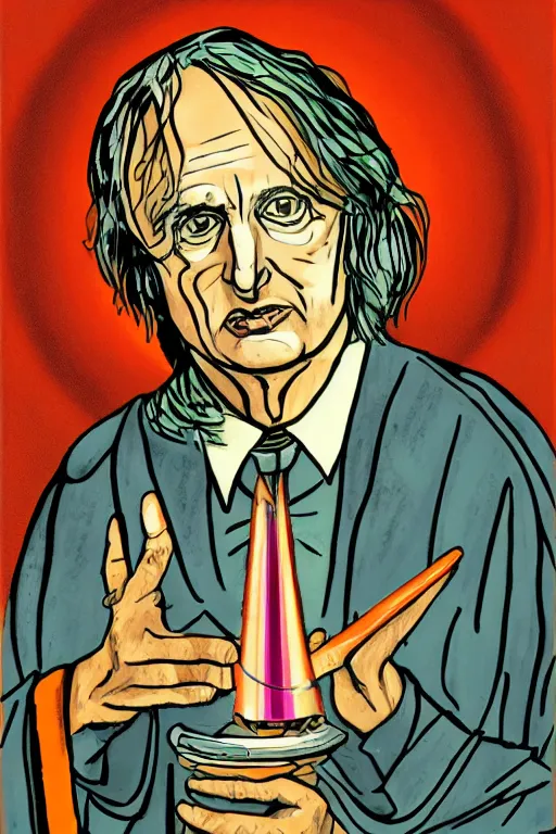 Image similar to colored illustration of Richard Dawkins as a satanic high priest, by Julie Doucet