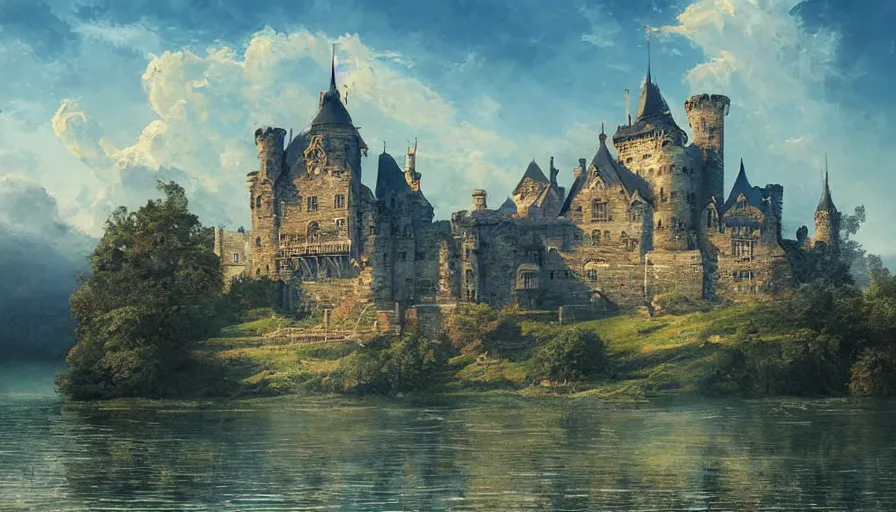 Image similar to portrait of a large lake with a castle surrounded by woodland, highly detailed, sunny, blue sky, cinematic lighting, highly angle, godrays, volumetric, photorealistic, digital art painting by greg rutkowski