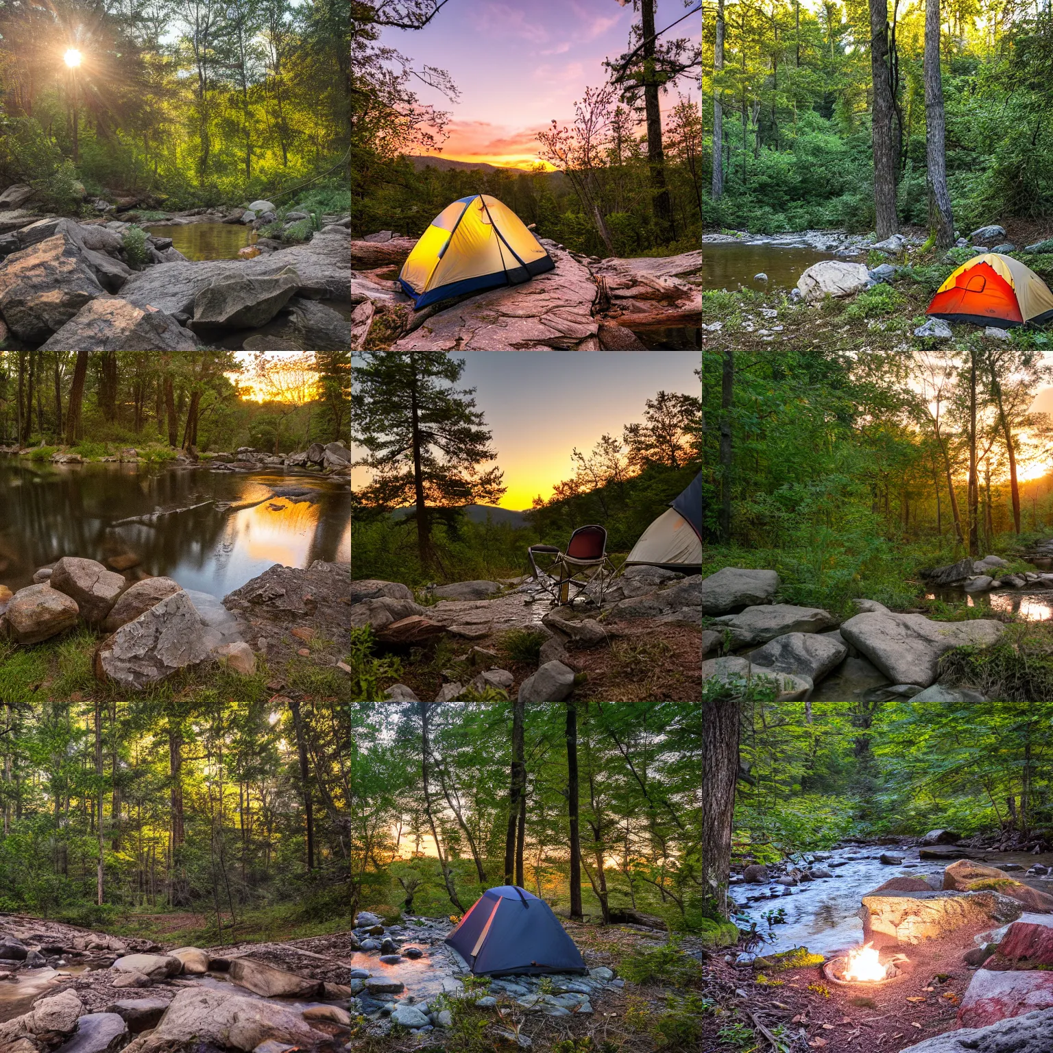 Prompt: Hidden campsite by a creek in the Blueridge mountains at sunset