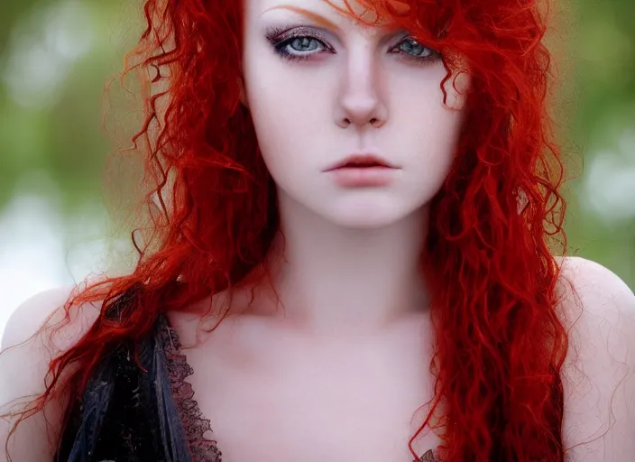 Prompt: award winning 5 5 mm close up face portrait photo of a redhead with blood - red wavy hair and intricate eyes that look like gems, in a park by luis royo