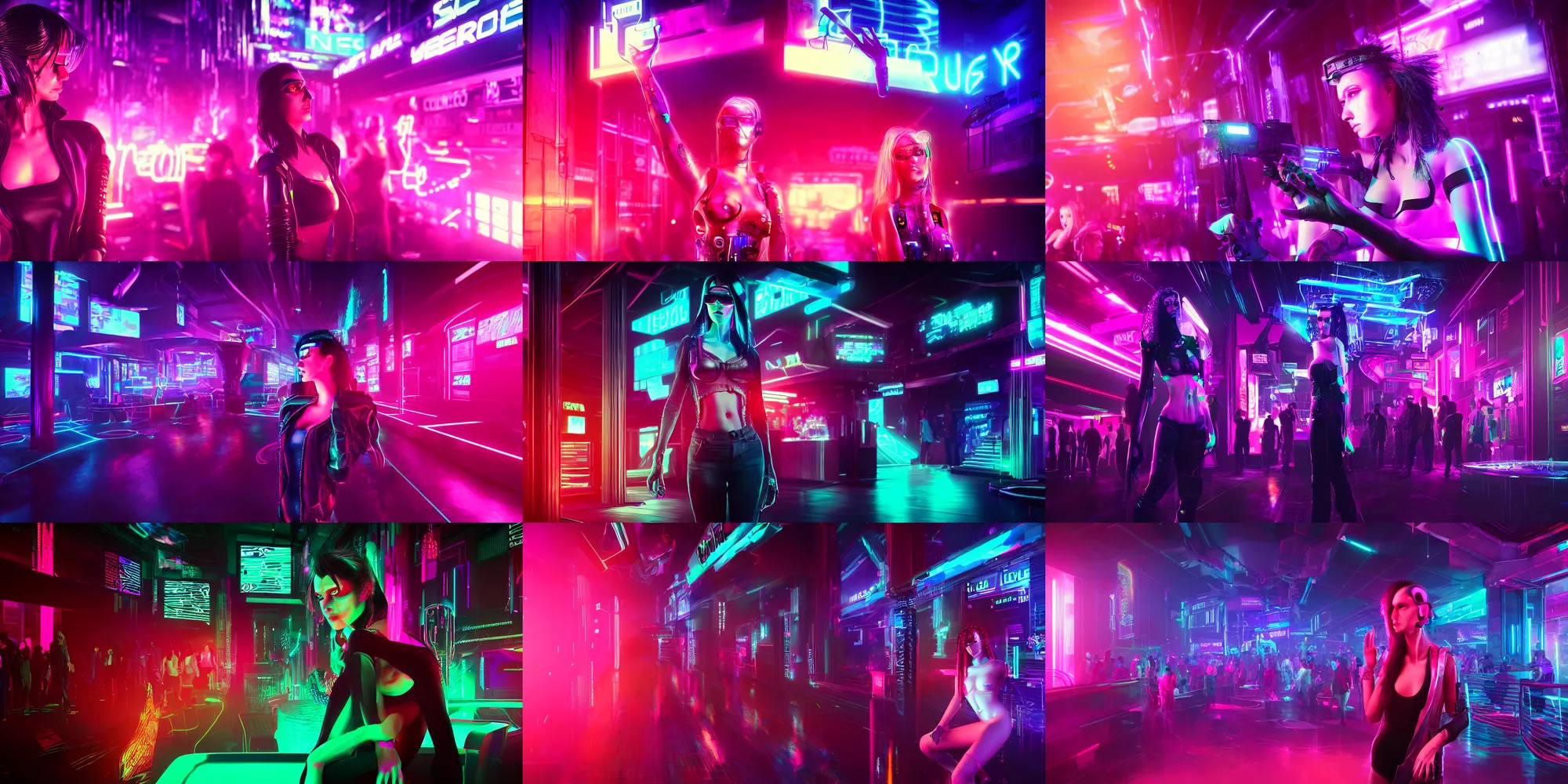 Prompt: Cyberpunk woman inside a crowded neon nightclub, highly detailed digital art, 8k Octane