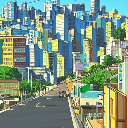 Prompt: city street, sloped street, city on tall hillside, street scene, aquamarine shading panels above street, cel - shading, 2 0 0 1 anime, flcl, jet set radio future, golden hour, japanese town, concentrated buildings, japanese neighborhood, electrical wires, cel - shaded, strong shadows, vivid hues, y 2 k aesthetic