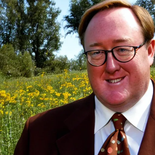 Prompt: 2 0 0 5 john lasseter of pixar is wearing a black suit and necktie and brown brown brown shoes. he is standing in a vardant countryside