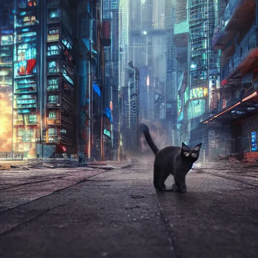 Prompt: photo of a cat walking through a dystopian futuristic cyberpunk city, highly detailed, high quality, HD, 4k, 8k, Canon 300mm, professional photographer, 40mp, lifelike, top-rated, award winning