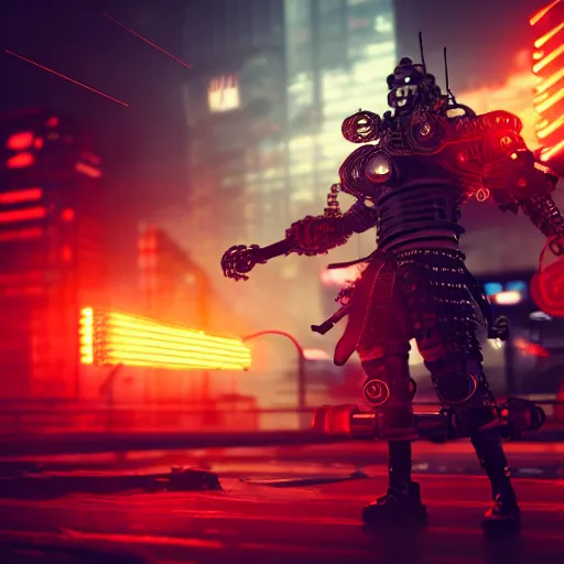 Prompt: A wide shot of a cyborg samurai, cyberpunk background with steampunk vehicles. High action glowing neon lights, digital art, artstation, cinematic, volumetric lighting, Award winning, ultra high resolution, intricate details, rendered with unreal engine, octane render, UHD 8K