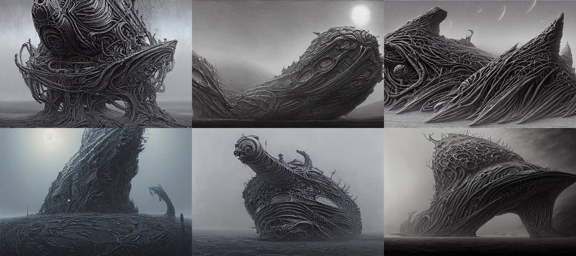 Prompt: creepy organic alien ship, dark atmosphere, artstation, trending, intricate lining, by piotr ruszkowski, h. r. giger and zdzisław beksinski