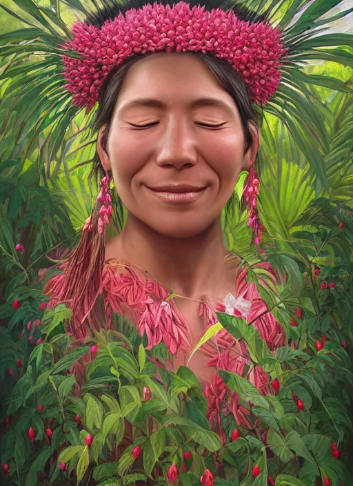 Image similar to a beautiful portrait of a smiling indigenous woman with eyes closed in the amazon jungle surrounded by pink calliandra angustifolia flowers, matte painting, by christophe vacher