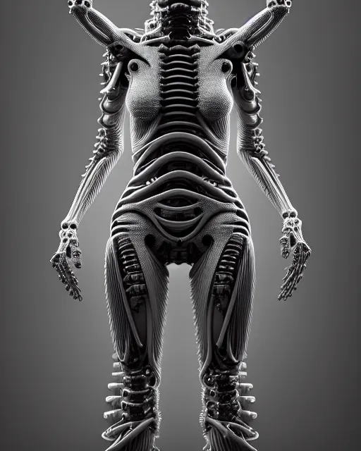 Image similar to raw bw 3 d render biomechanical intricate spinal ribbed exotic alien organic body detail of mechanical female cyborg, beautiful insanely detailed, digital art, octane render, 8 k artistic photography, photorealistic