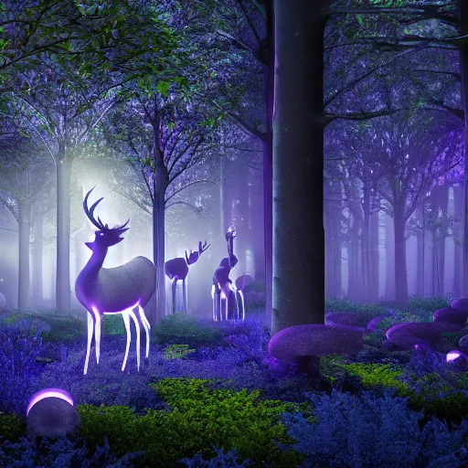 Prompt: ethereal white deer stands in the center of a dark blue tree grove, surrounded by purple neon glowing flowers and glowing mushrooms. the moonlight peeking through the trees. ultra realistic, 4k.