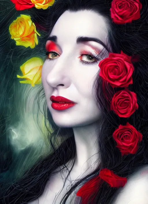 Prompt: portrait of kate bush against a neon multicolored background, lush black hair, pale skin, white and red roses, flowing material, intricate, beautiful cinematic lighting, stunning painting by artgerm, caravaggio, android jones, wadim kashin, annie leibovitz