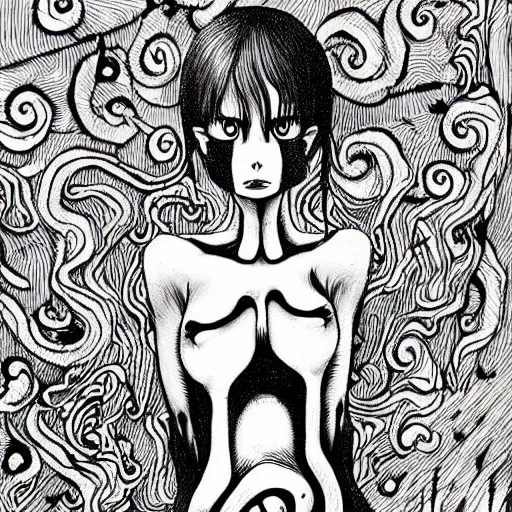 Image similar to black and white illustration creative design, cat, junji ito, body horror