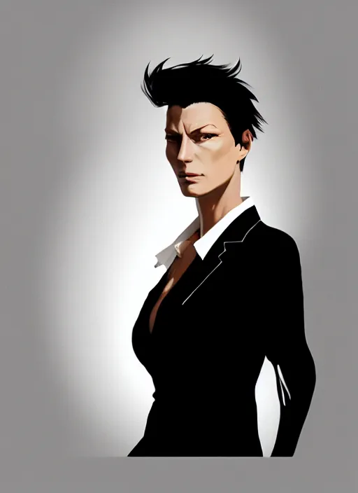 Prompt: portrait of cindy landolt as business woman, black suit, white shirt, black tie, intricate, headshot, key visual, conceptart, ambient lighting, highly detailed, digital painting, artstation, concept art, sharp focus, by makoto shinkai and akihiko yoshida and greg manchess