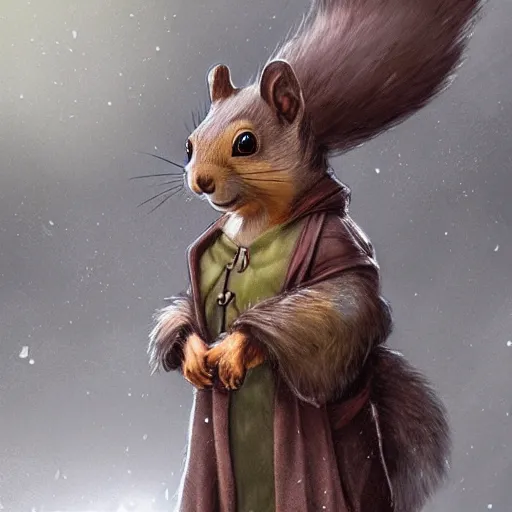 Image similar to Anthropomorphic squirrel in Cloak by rossdraws,greg rutkowski,and Sarah Andersen,ambient style, very detailed,detailed armor,detailed