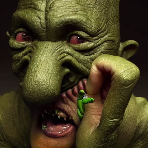 Image similar to a goblin picking his nose, in the style of lord of the rings and boris valejo, fantasy, hyperrealistic, detailed, octane render