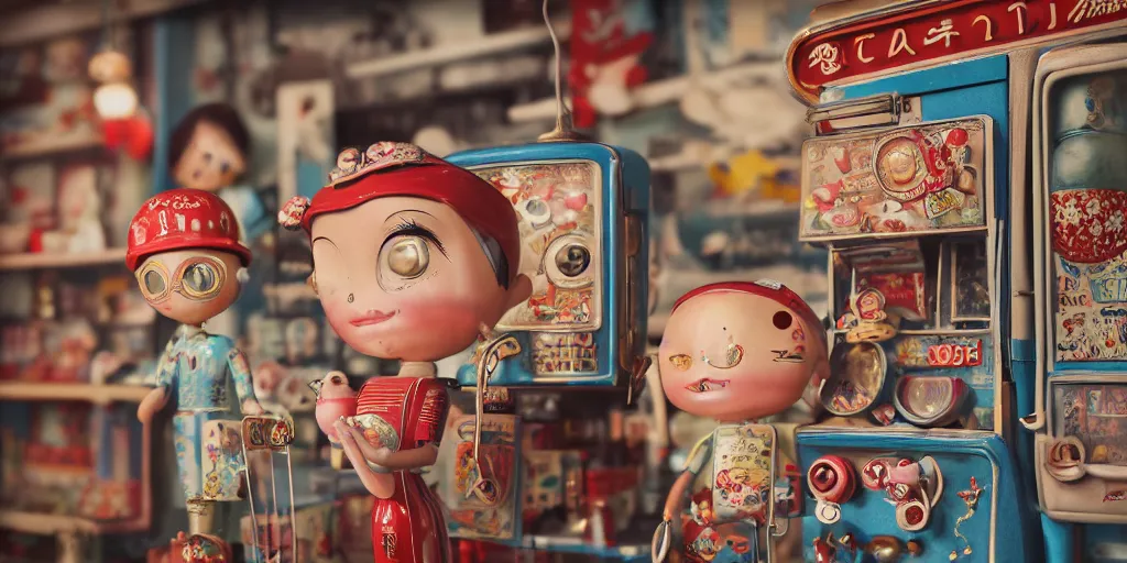 Image similar to closeup portrait of tin toy retro tokyo corner store diorama, depth of field, f 3 2, zeiss lens, detailed, centered, fashion photoshoot, by nicoletta ceccoli, mark ryden, lostfish, breathtaking, 8 k resolution, extremely detailed, beautiful, establishing shot, artistic, hyperrealistic, octane render, - h 8 0 4