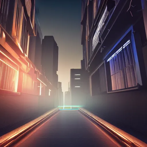 Prompt: futuristic urban city at dusk. figure is obscured by darkness with two bright, shining eyes peering out from the shadows of an alley. cgartist. leading lines. volumetric lighting. god rays.