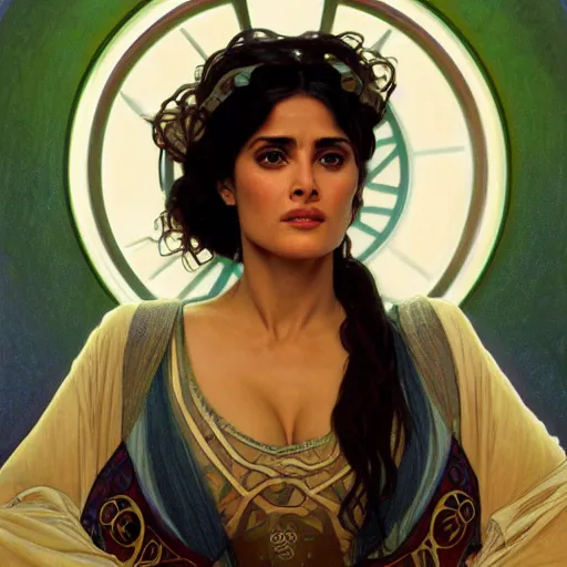 Prompt: salma hayek medium shot portrait by alphonse mucha, playful, fantasy, medieval, beautiful face, perfect detailed eyes, vivid colrs, elegant, sharp focus, hyper - realistic, 4 k, unreal engine, highly detailed, hd, dramatic lighting by brom, trending on artstation