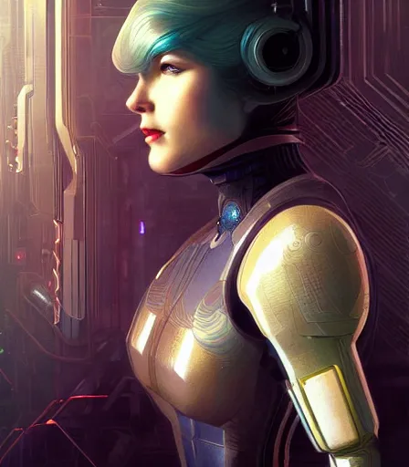 Image similar to portrait of a cyberpunk art deco woman who looks like Samus Aran sci-fi, fantasy, intricate, elegant, highly detailed, digital painting, artstation, smooth, sharp focus, illustration, art by artgerm and greg rutkowski and alphonse mucha