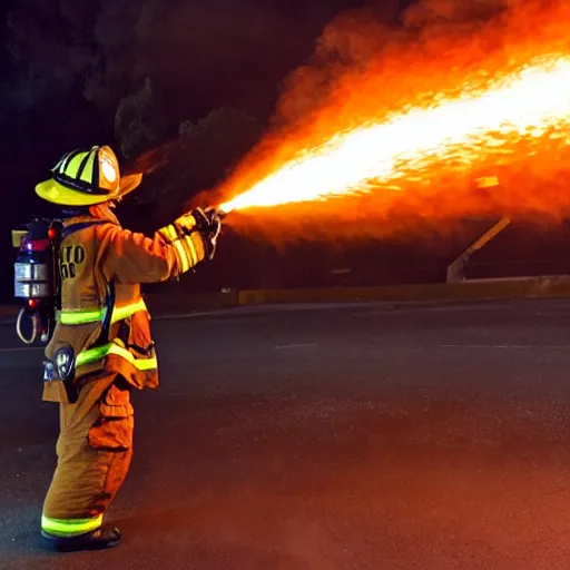 Image similar to photo of a firefighter using a flamethrower projecting a long flame