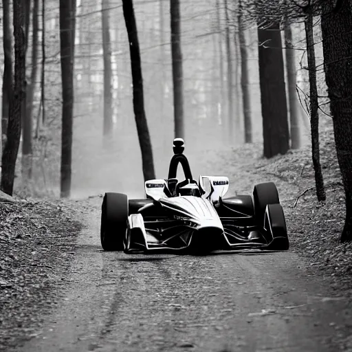 Image similar to indycar driving in the woods, black and white photo