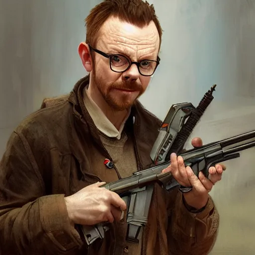 Image similar to portrait painting of joyful simon pegg with a winchester, ultra realistic, concept art, intricate details, eerie, highly detailed, photorealistic, octane render, 8 k, unreal engine. art by artgerm and greg rutkowski and alphonse mucha