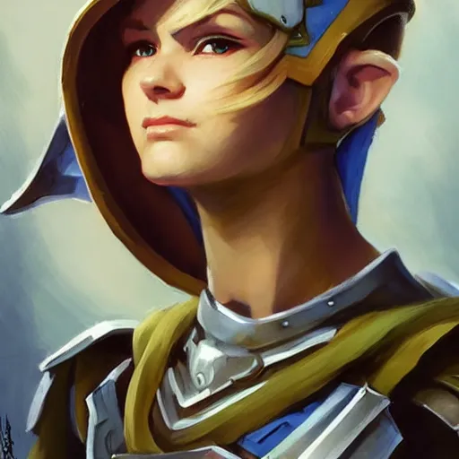 Image similar to greg manchess portrait painting of partially armored female link from legend of zelda as overwatch character, medium shot, asymmetrical, profile picture, organic painting, sunny day, matte painting, bold shapes, hard edges, street art, trending on artstation, by huang guangjian and gil elvgren and sachin teng