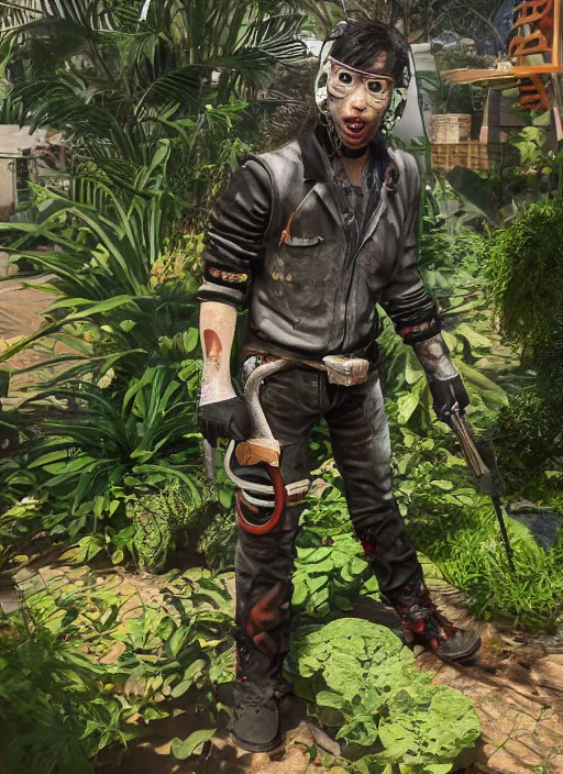 Prompt: johnny silverhand working in a garden, wake up samurai, solarpunk, lots of plants, gardening, permaculture, cyberpunk 2 0 7 7, anarchy, realistic, ultra detailed