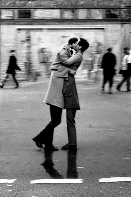 Image similar to street photo, couple of man and woman kiss on the background of the war, film photography, exposed b & w photography, christopher morris photography, bruce davidson photography, peter marlow photography