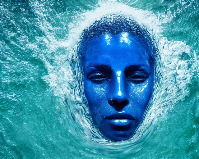 Image similar to water art manipulation of a surreal human head with open eyes burried in the ocean, shot from above, hyper realistic, ray tracing, realistic water, sharp focus, 8 k resolution, cinematic