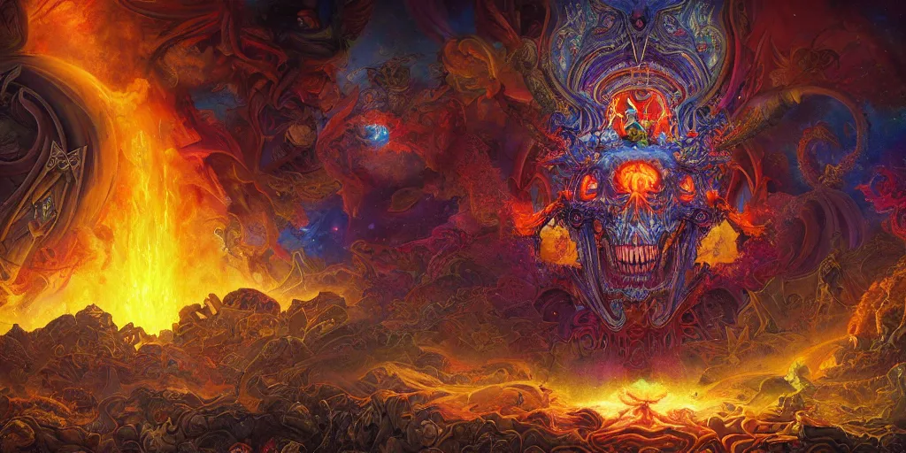 Image similar to gigantic psychedelic demonic cosmic skull of death and fire, outer space, fantasy painting, ultra realistic, dmt, symmetrical, wide angle, art nouveau, intricate details, digital painting, rainbowshift, vivid colors, highly detailed by peter mohrbacher, h. r. giger, maxfield parrish, craig mullins, octane render, cgi