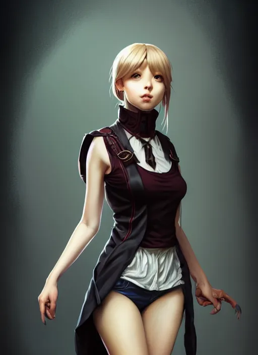 Image similar to portrait of a full body of beautiful young female detective, d & d, sleeveless turtleneck, fantasy, flat lighting, intricate, highly detailed, digital painting, artstation, concept art, smooth, sharp focus, illustration, misa amane, art by simon bisley and greg rutkowski and alphonse mucha, natural tpose