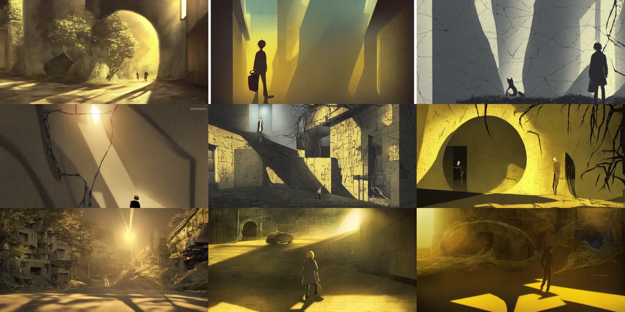 Prompt: dramatic lighting, tatsuyuki tanaka, incredible ghibli movie screenshot, vanishing point, focal point, ultra wide, brutalist, yellow, cat silhouette, large dark hole in the side of a concrete wall, bright dappled golden sunlight, long dark shadows, black depths, posters, notices, hobbit hole, overgrown, spiderwebs