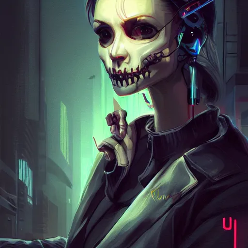 Prompt: A potrait of a cyberpunk skull with big eyes, fine-face, realistic shaded perfect face, fine details. Night setting. Very anime style. Realistic shaded lighting poster by Ilya Kuvshinov katsuhiro, magali villeneuve, artgerm, Jeremy Lipkin and Michael Garmash, Rob Rey and Kentarõ Miura style, trending on art station