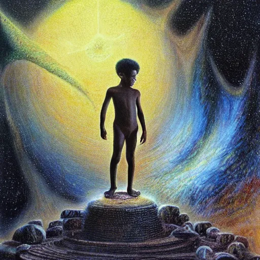 Image similar to an epic 8 k resolution painting of a black boy exploring the temple of the alien gods at the end of the universe, by bob eggleton