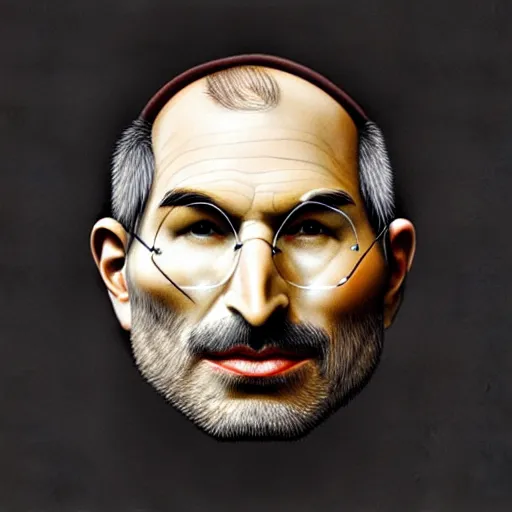 Image similar to apples arranged in the shape of a face resembling steve jobs, fantasy, intricate, elegant, highly detailed, lifelike, photorealistic, digital painting, artstation, illustration, smooth, sharp focus, art by giuseppe arcimboldo