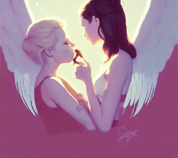 Image similar to portrait of angel kissing buffy by atey ghailan, by greg rutkowski, by greg tocchini, by james gilleard, by joe fenton, by kaethe butcher, dynamic lighting, gradient light blue, brown, blonde cream and white color scheme, grunge aesthetic